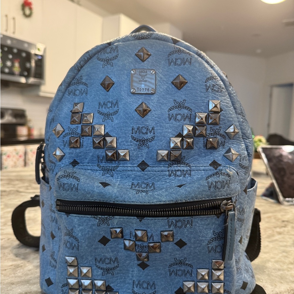 MCM Blue and Black Studded Backpack